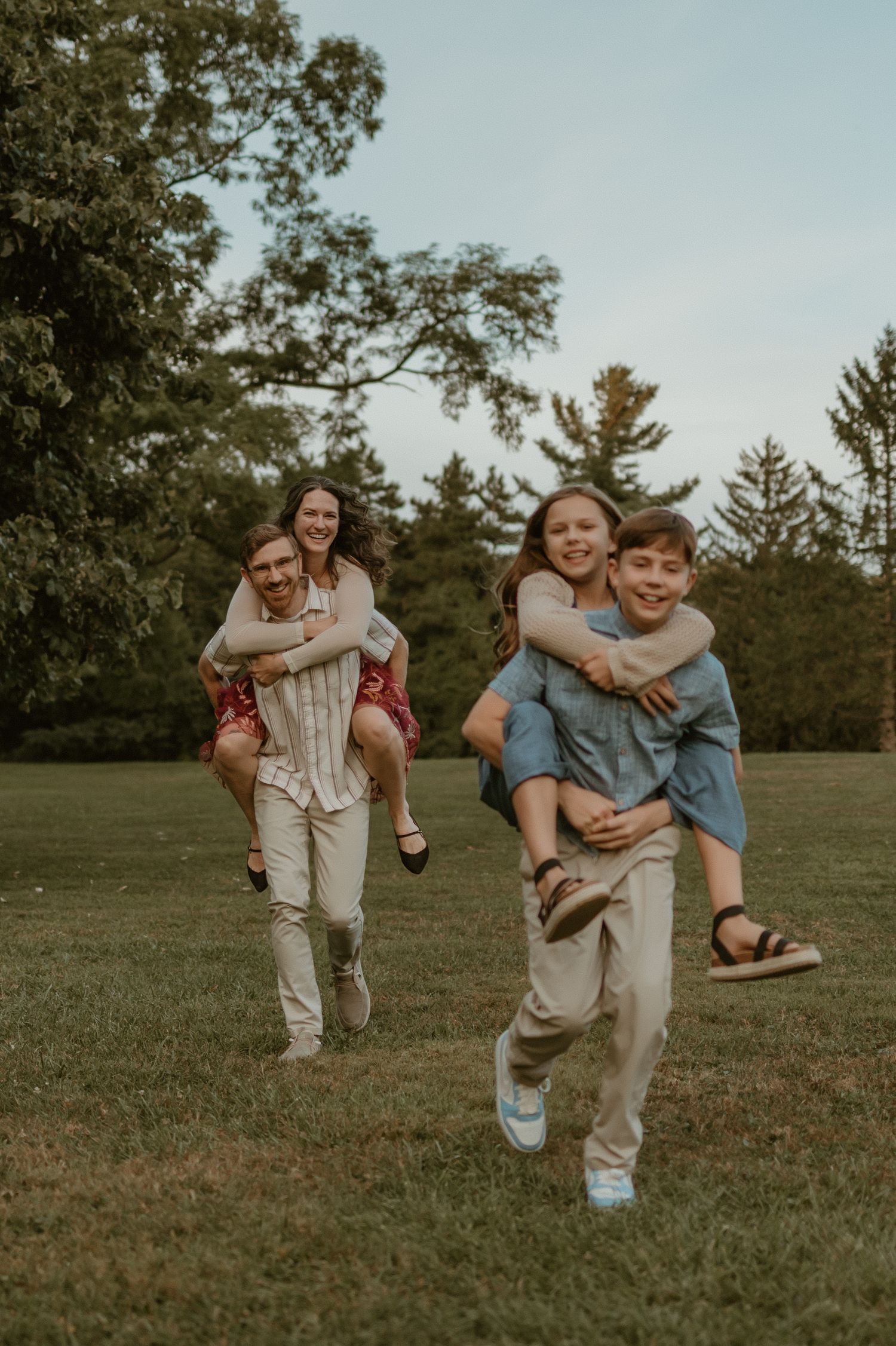 A series of playful piggyback ride photos showing people enjoying a fun moment together in a grassy outdoor setting.