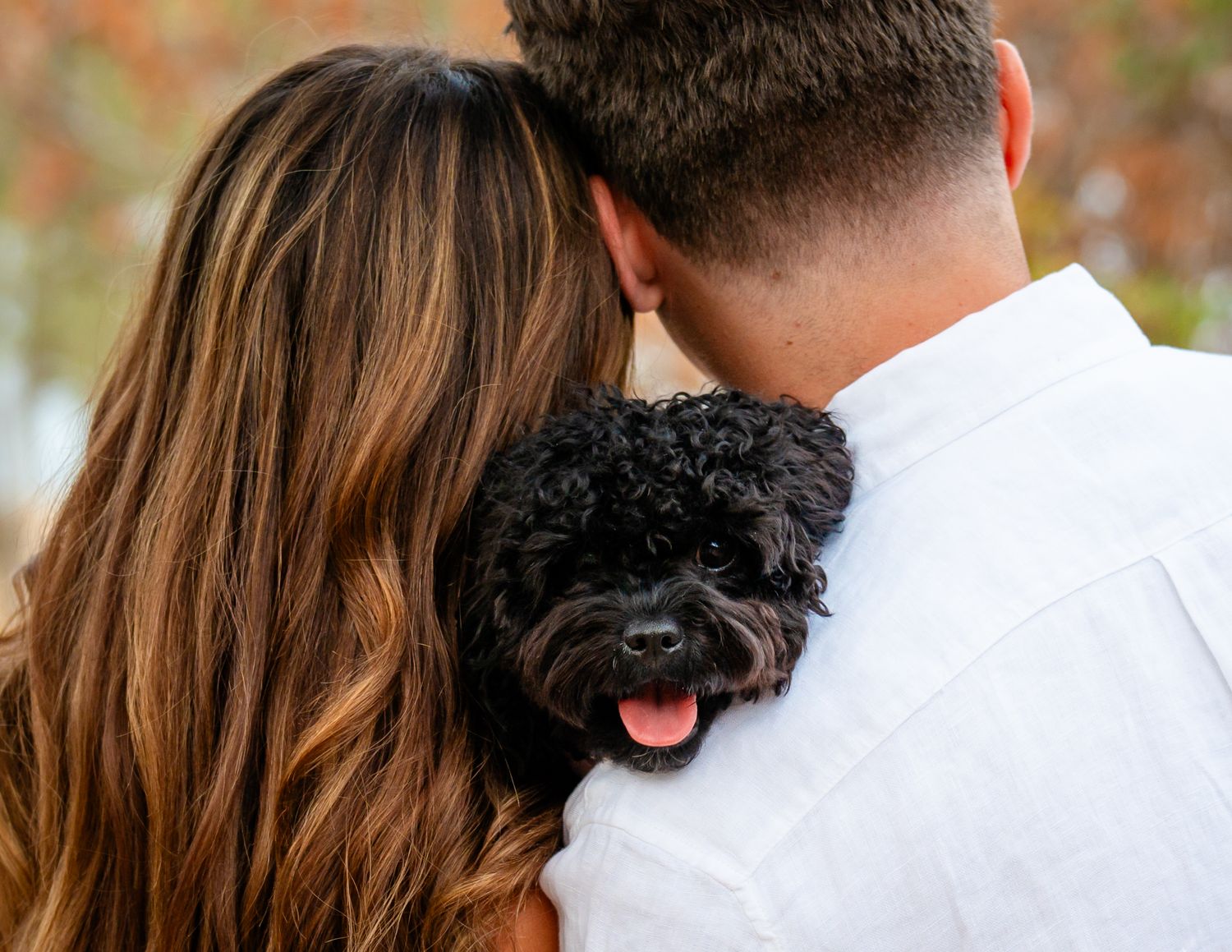 Black and white photo of a smiling couple holding a small black dog outdoors among trees.