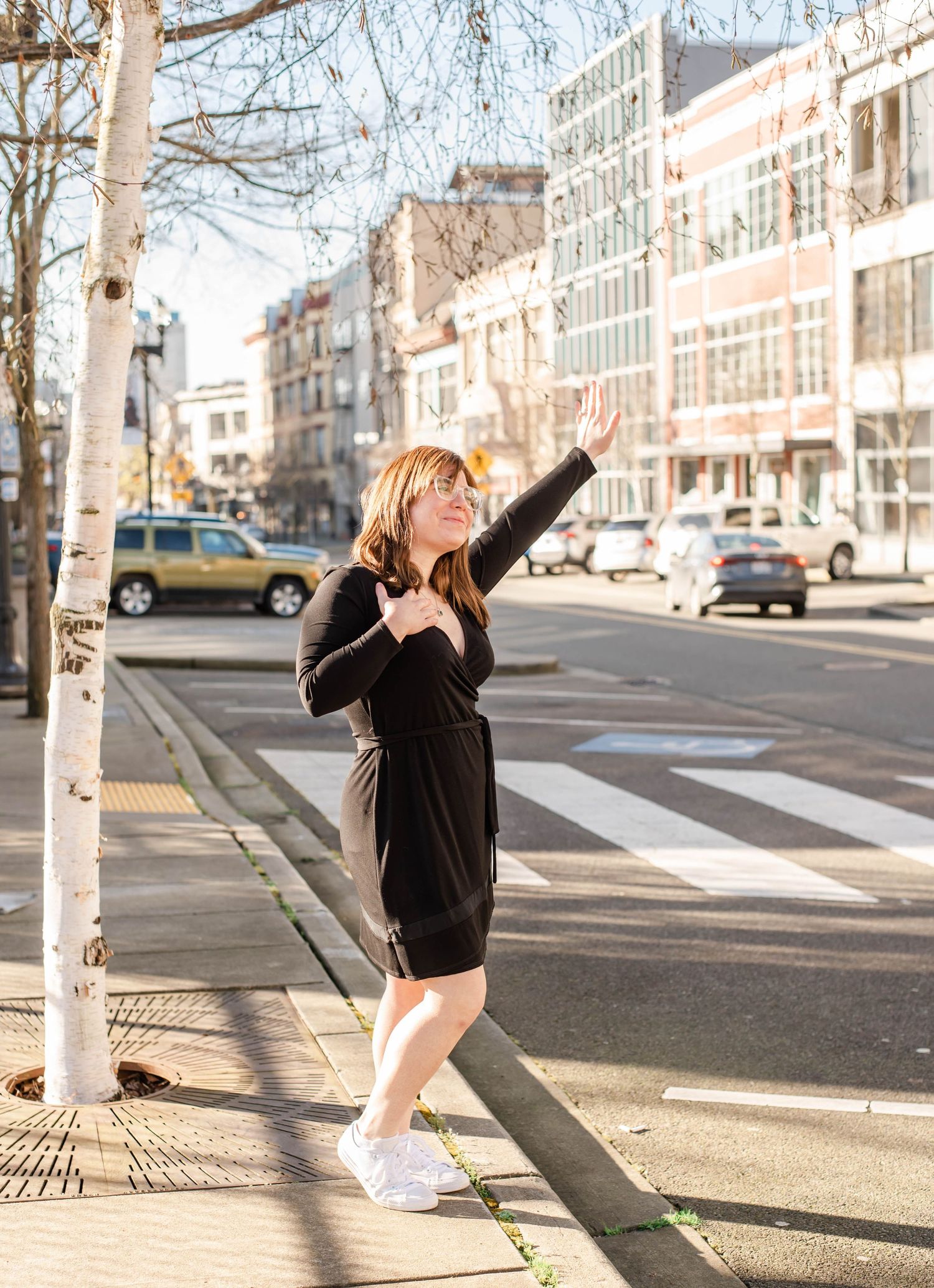 Dynamic street photography sequence showing movement against white birch trees in an urban setting.