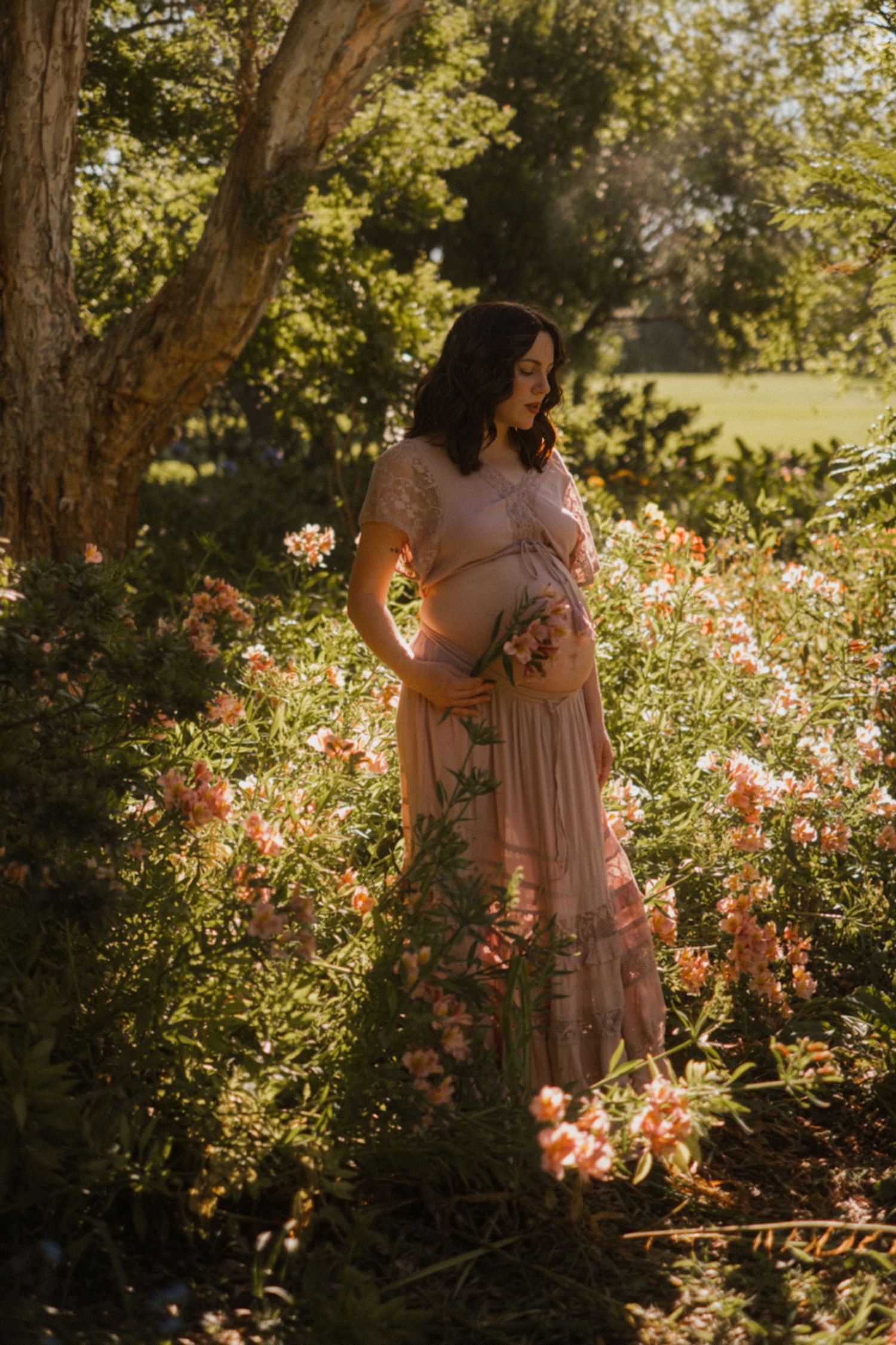 Ethereal garden scene with soft sunlight filtering through trees onto pink roses and a flowing mauve dress.