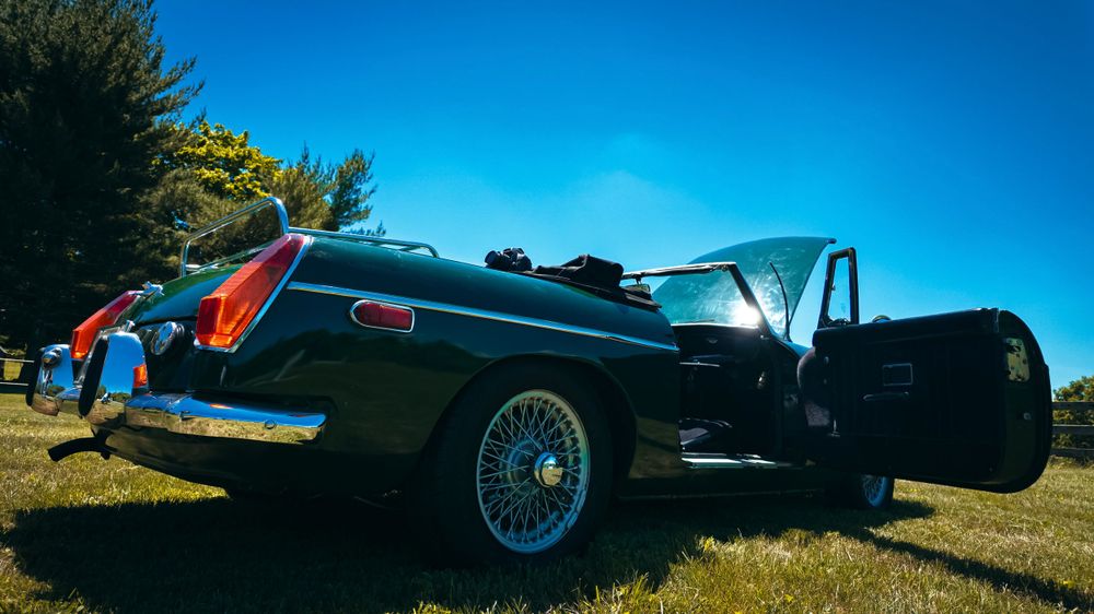 Side profile views of a restored Jaguar E-Type convertible on grass under blue skies.