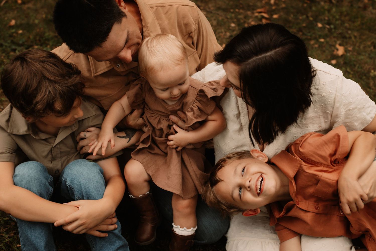 A heartwarming series of candid family moments showing affection, laughter and togetherness in warm earth tones.