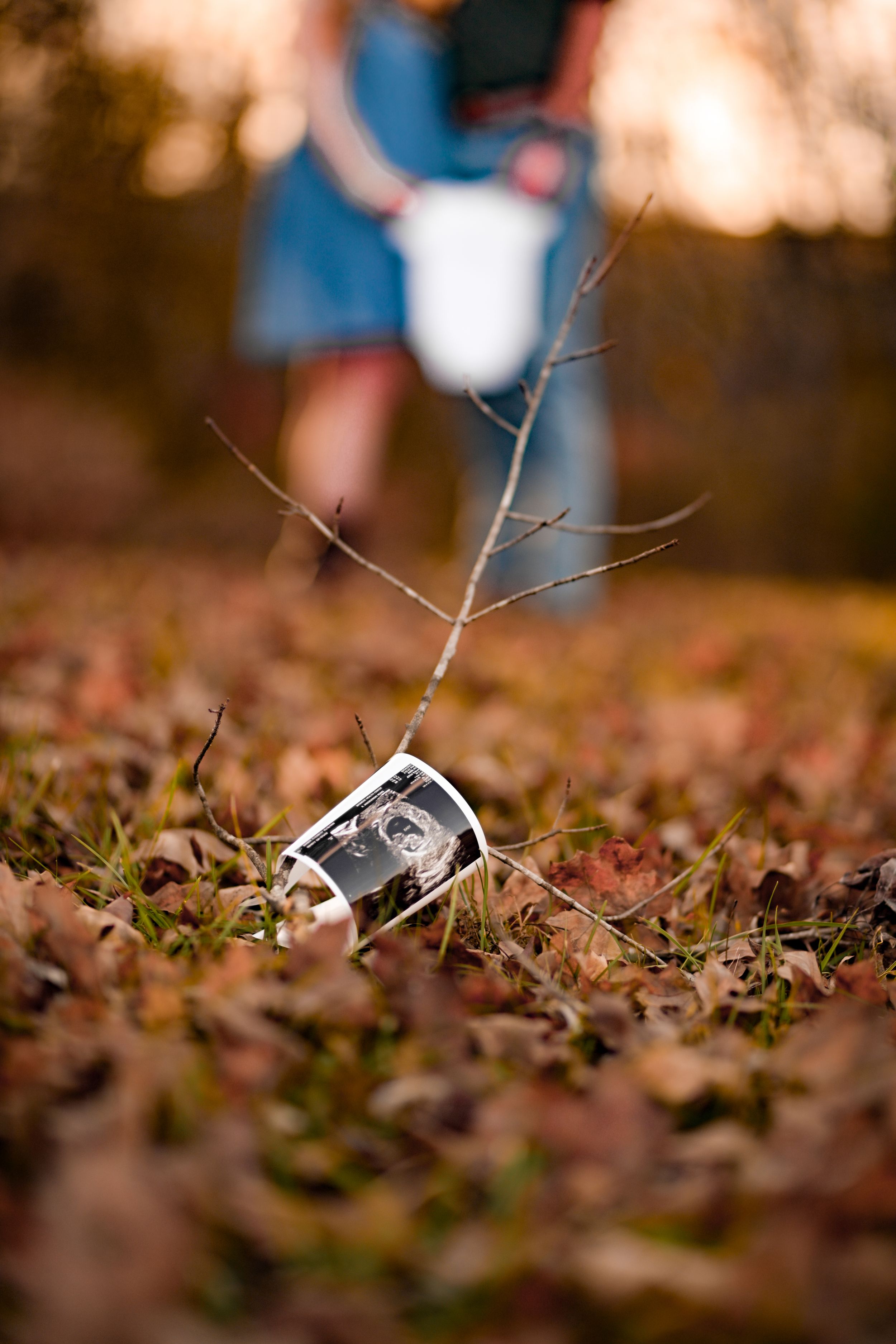 Close-up shot of a ring box nestled among autumn leaves in warm lighting.