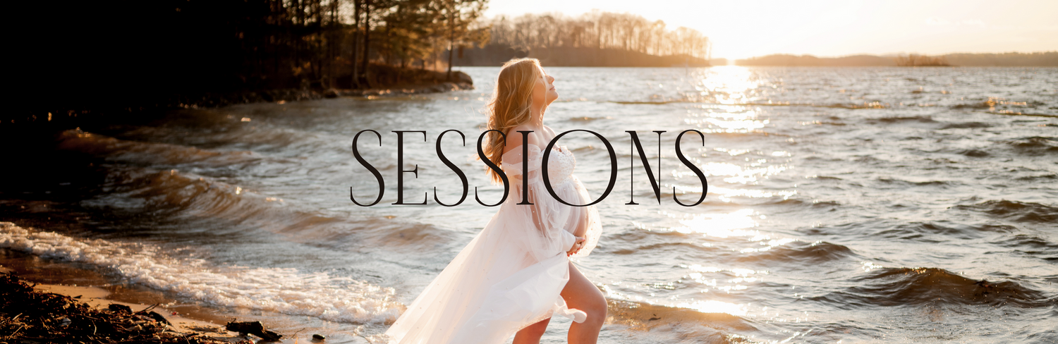 Sessions text overlay on dreamy waterfront sunset scene.