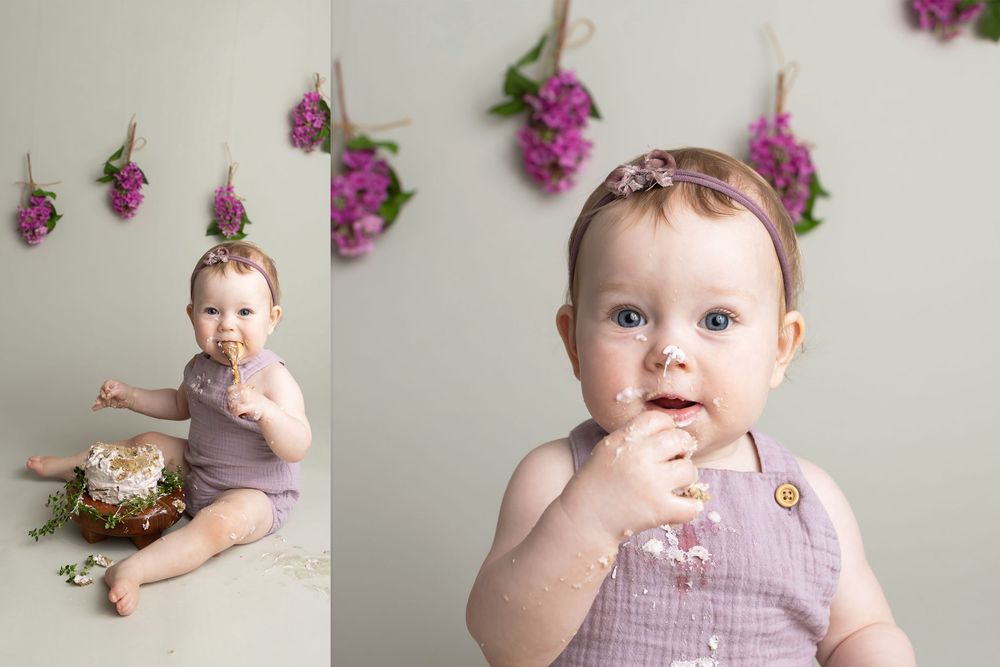 Baby girl cake smash session with lilac theme, taken by Jen Knightstep, Photographer