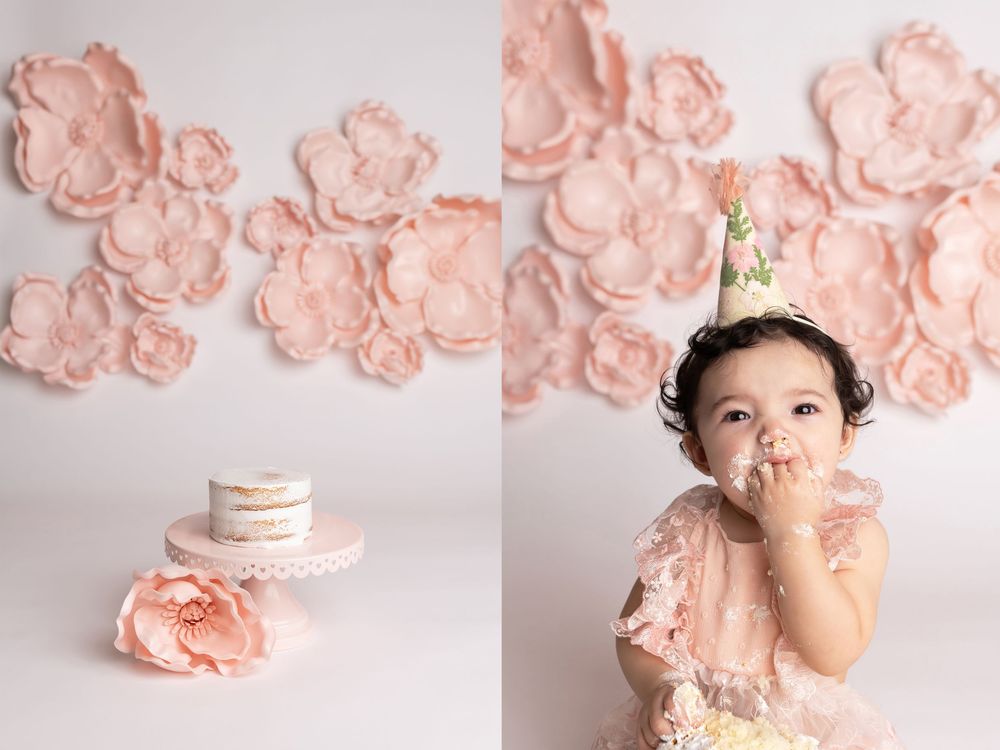 Baby girl cake smash session with flowers theme, taken by Jen Knightstep, Photographer