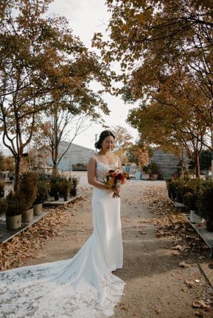 An elegant wedding dress with a flowing train photographed in a garden setting with autumn foliage.
