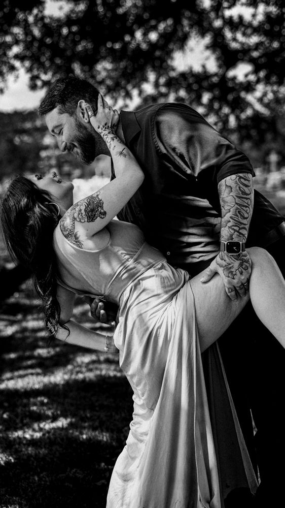 A romantic black and white photo series showing a couple embracing in a sunlit outdoor setting.