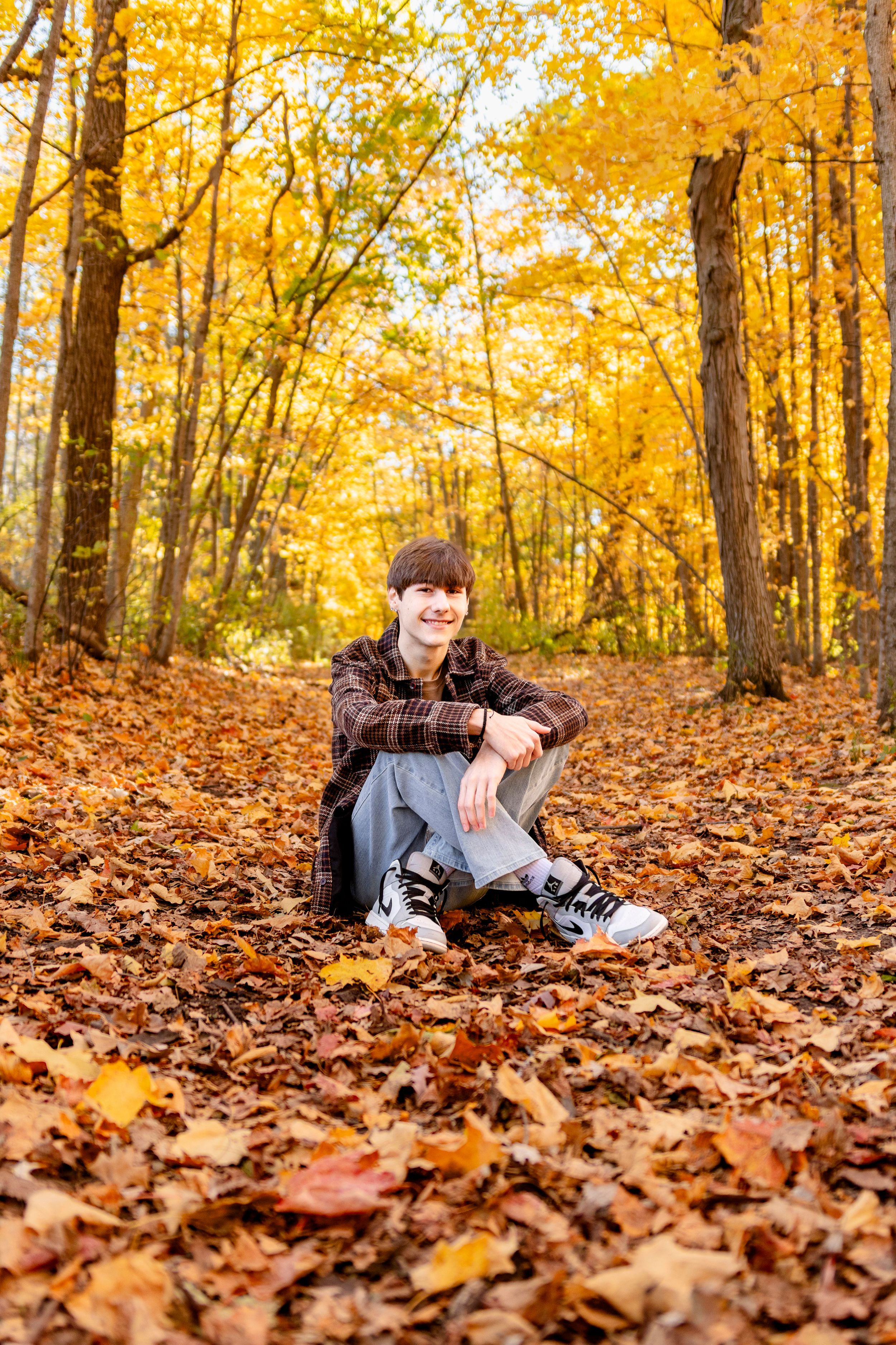 A serene autumn scene in a forest filled with golden leaves and tall trees, with fallen foliage covering the ground.