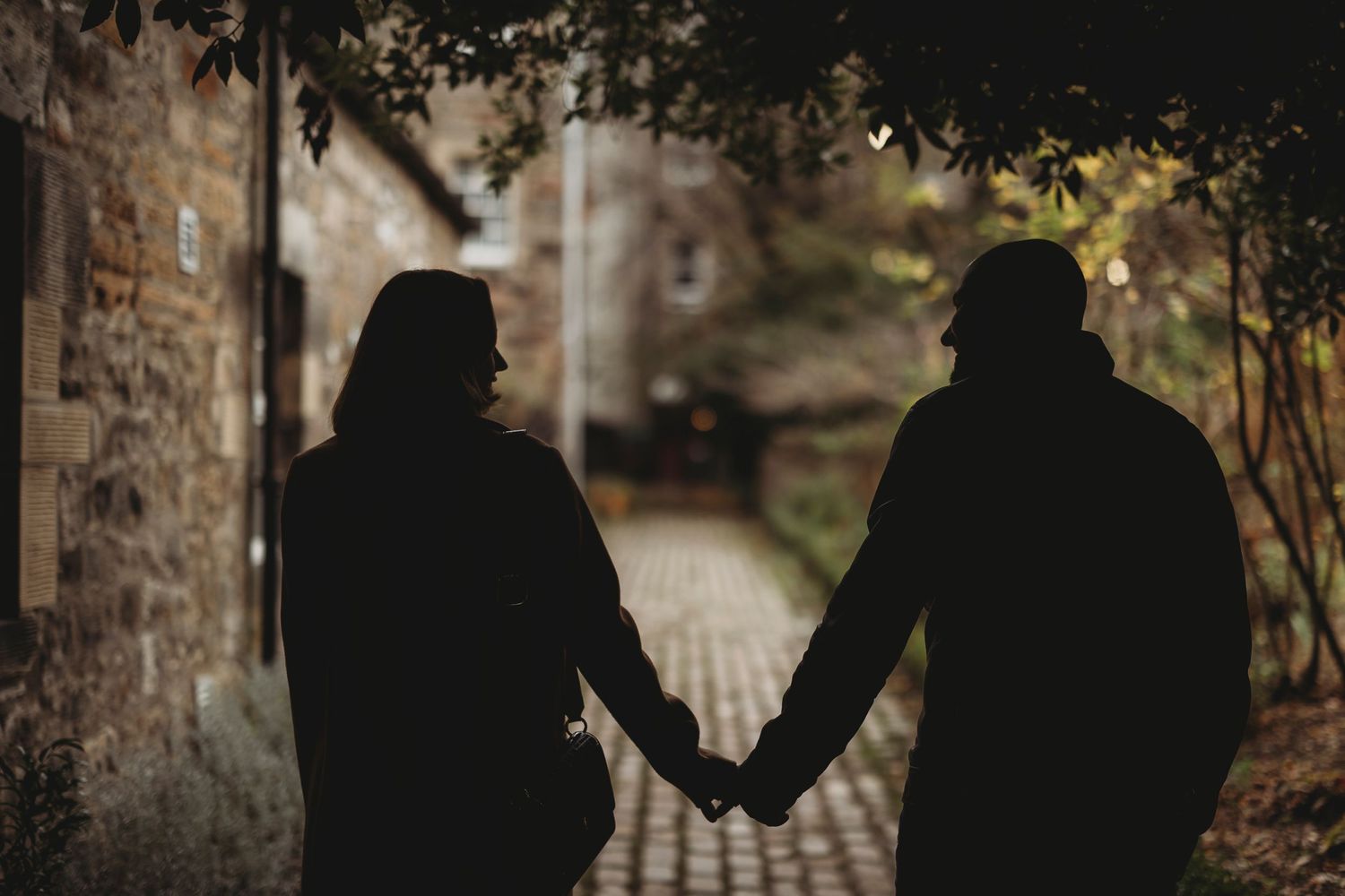 Two silhouetted figures holding hands while walking down a romantic garden path in moody evening lighting.