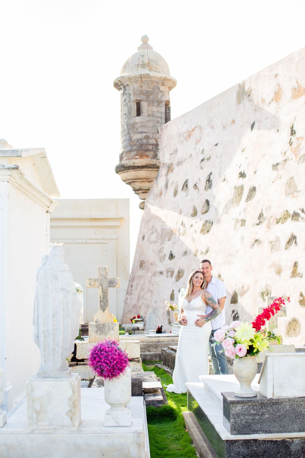 Portrait of a bride and groom in the cemetery of Old San Juan, Puerto Rico.