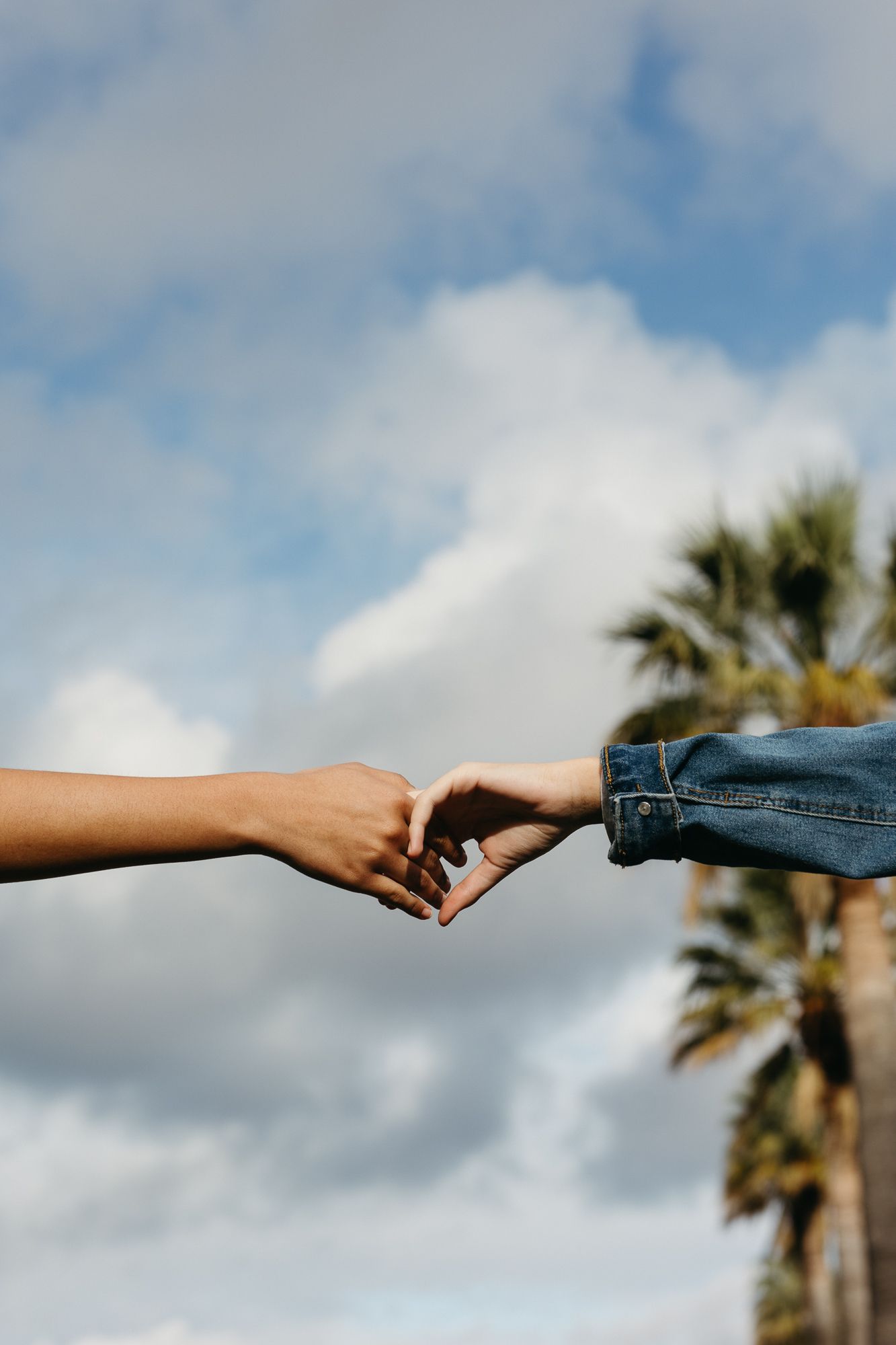 Two hands reaching toward each other against a cloudy blue sky with palm trees in the background.