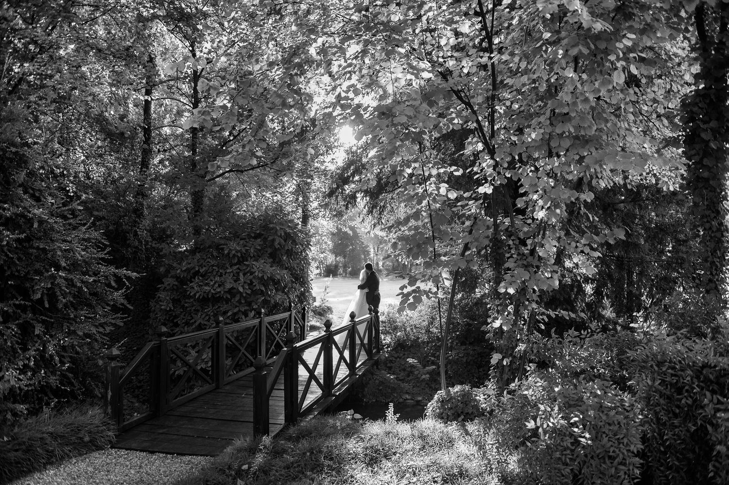 Black and white serene garden scene with wooden bridge and lush trees at wedding venue.