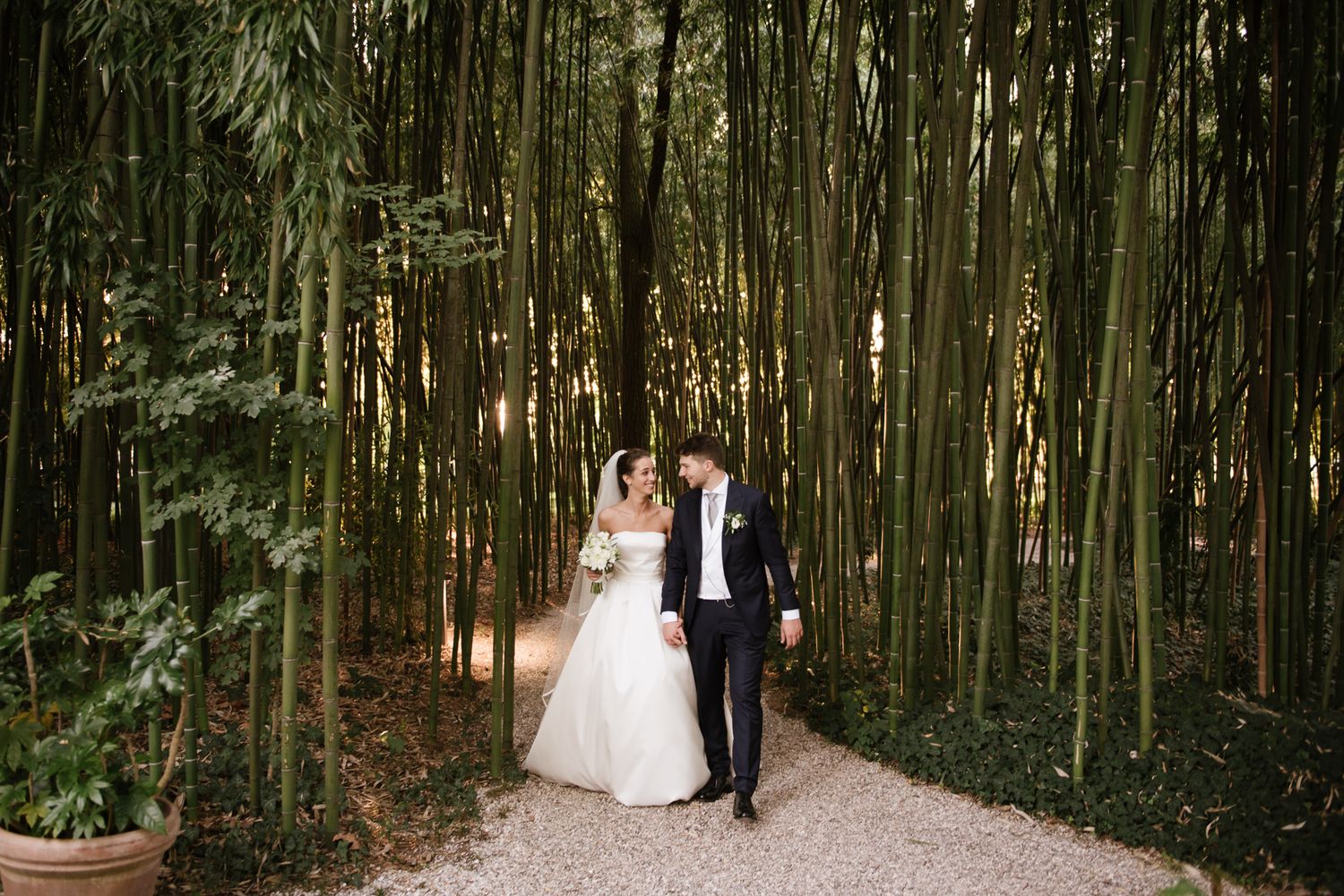 Bride and groom walk hand in hand along a gravel path through a lush bamboo forest.