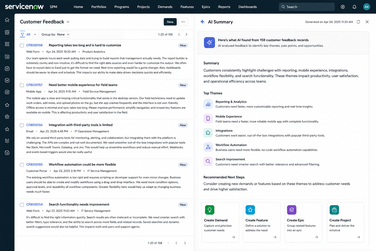 ServiceNow customer feedback dashboard displaying AI-generated summaries, top themes, and recommended next steps for support teams.