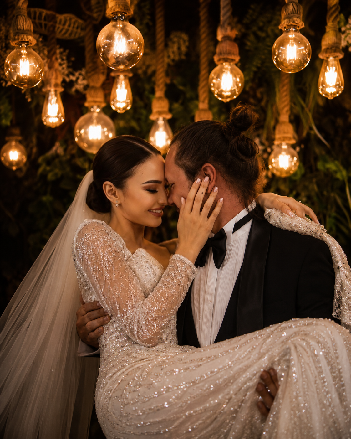 A groom carries his bride in a sparkly gown under warm Edison bulb lights in a romantic wedding portrait.