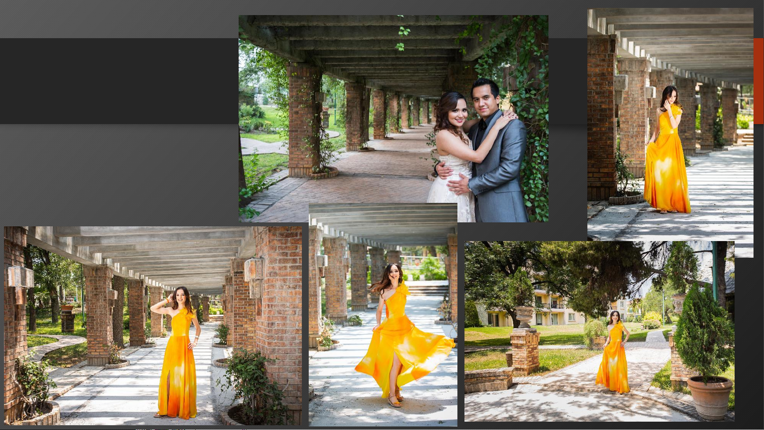Couple poses under brick archway in lush garden, woman in flowing yellow dress, romantic outdoor pre-wedding photoshoot.