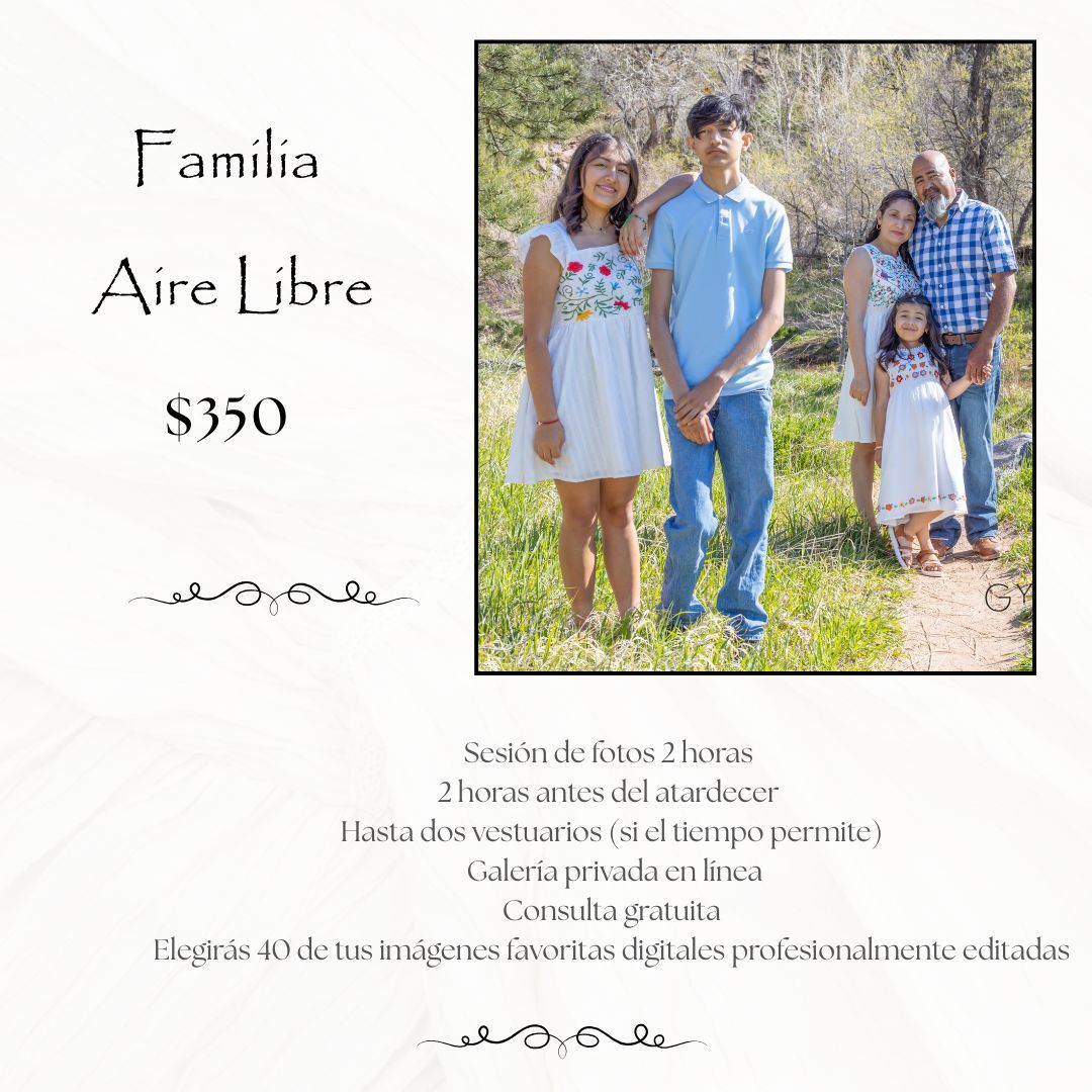 Family outdoor photography package promo showing a family of five posing in nature, priced at $350 with 2-hour session.