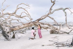 couple getting engaged with driftwood behind them near the beach on Jekyll Island during their couples propsal session