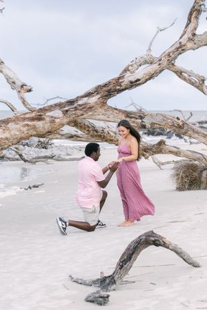 Man down on bended knee proposing to his girlfriend in front of driftwoods at the beach