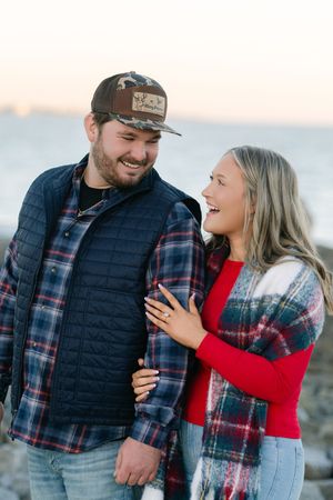 Proposal photos on the beach in winter, driftwood beach engagement in the winter, christmas time engagement jekyll island georgia