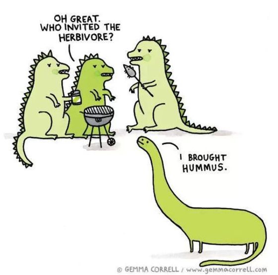 Humorous cartoon of dinosaurs at a BBQ complaining about a herbivore guest who brought hummus instead of meat.