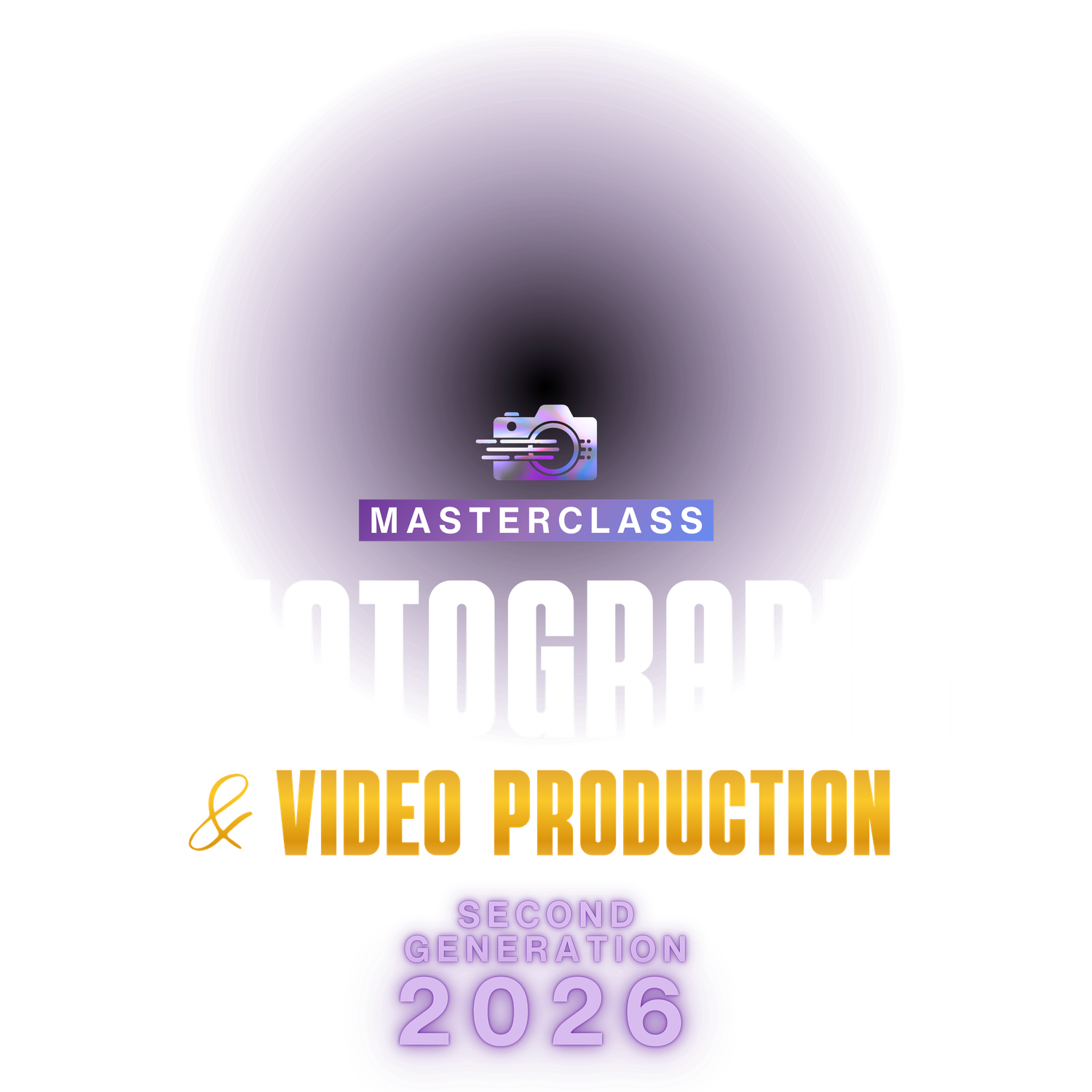 Masterclass Photography & Video Production Second Generation 2026 logo with camera icon and purple gradient design.