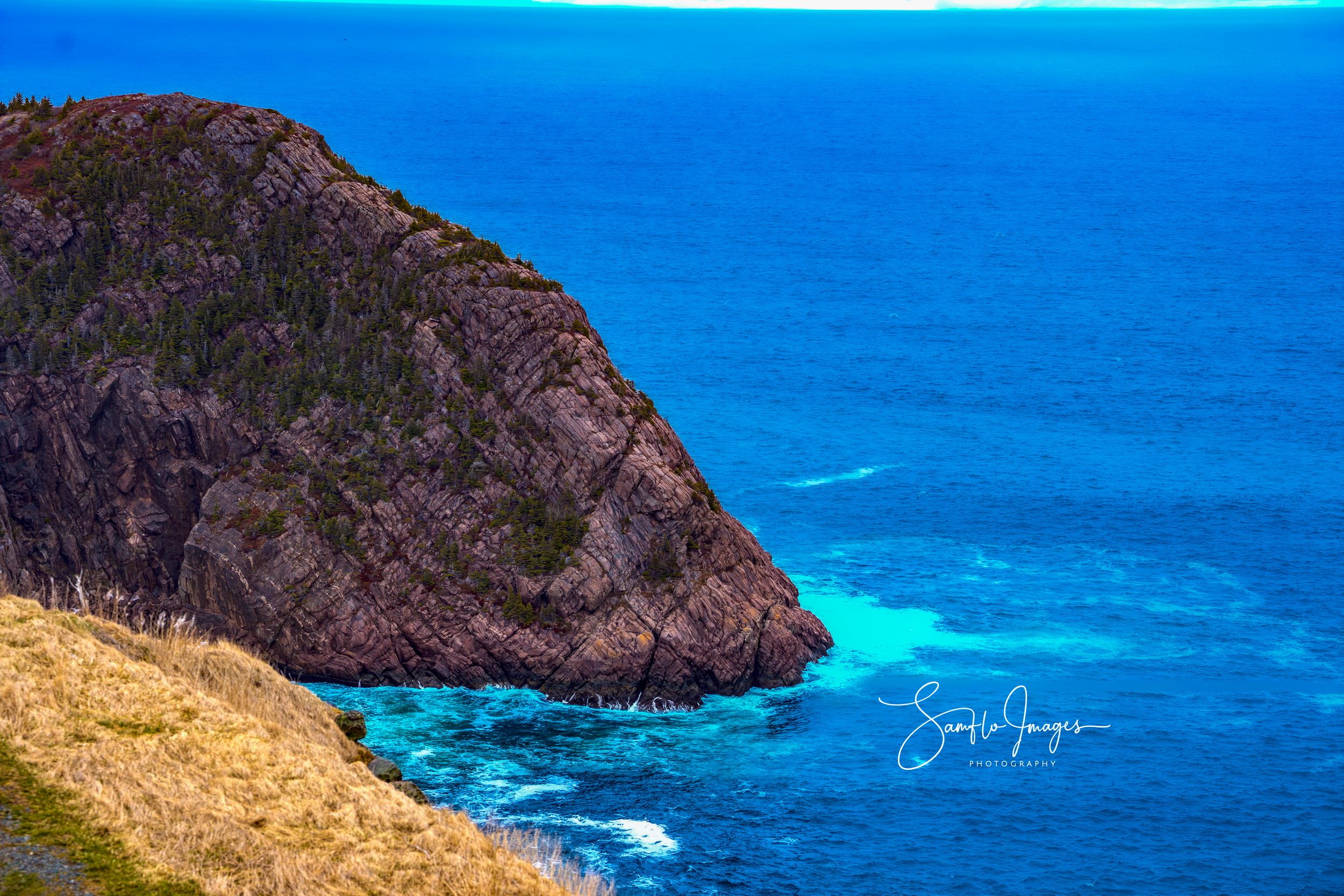 Rocky coastal cliff with lush green trees overlooking vibrant turquoise ocean waters on a clear sunny day.