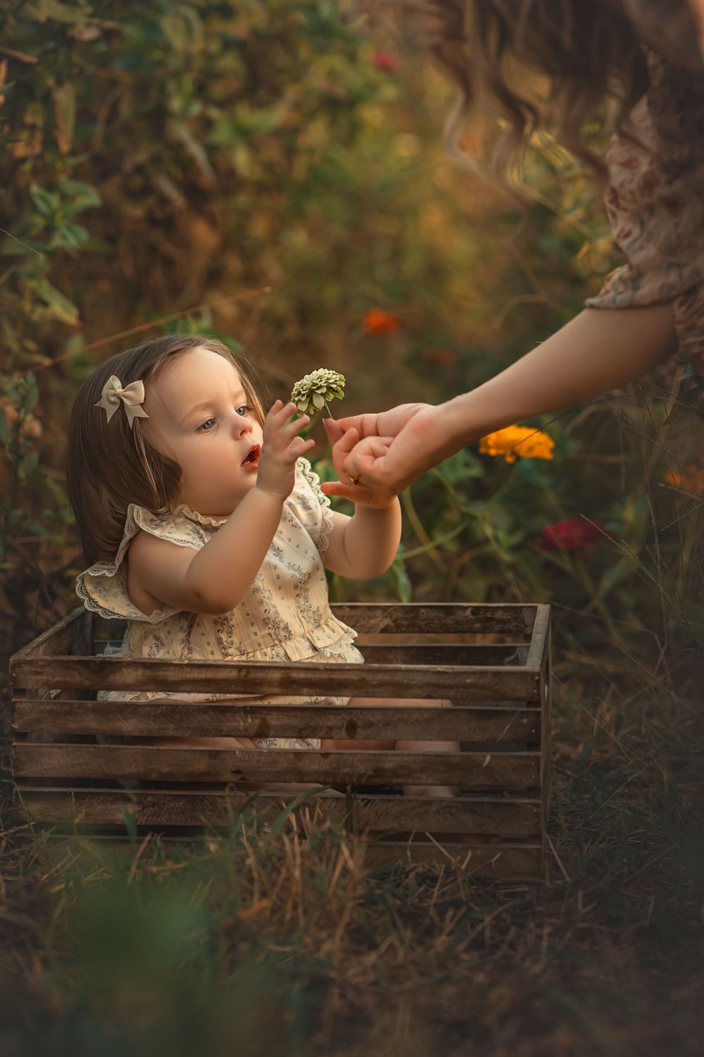 Adorable toddler girl in vintage dress sitting in wooden crate reaching for flower in garden.