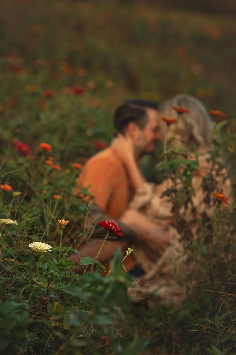 Couple sharing a romantic moment sitting in a colorful wildflower field at golden hour.