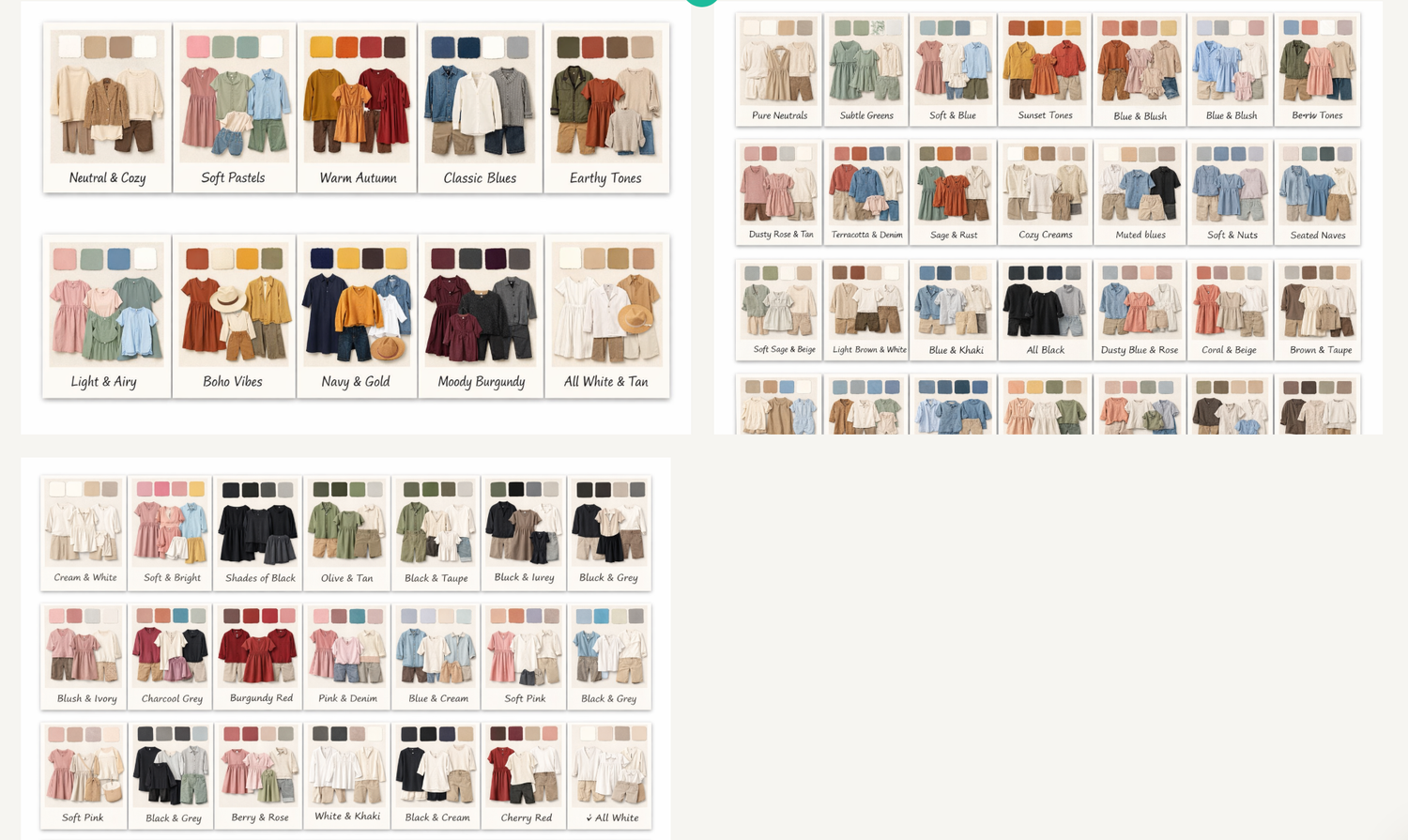 A color palette guide showing coordinated family outfit combinations in neutral and earthy tones for photo sessions.
