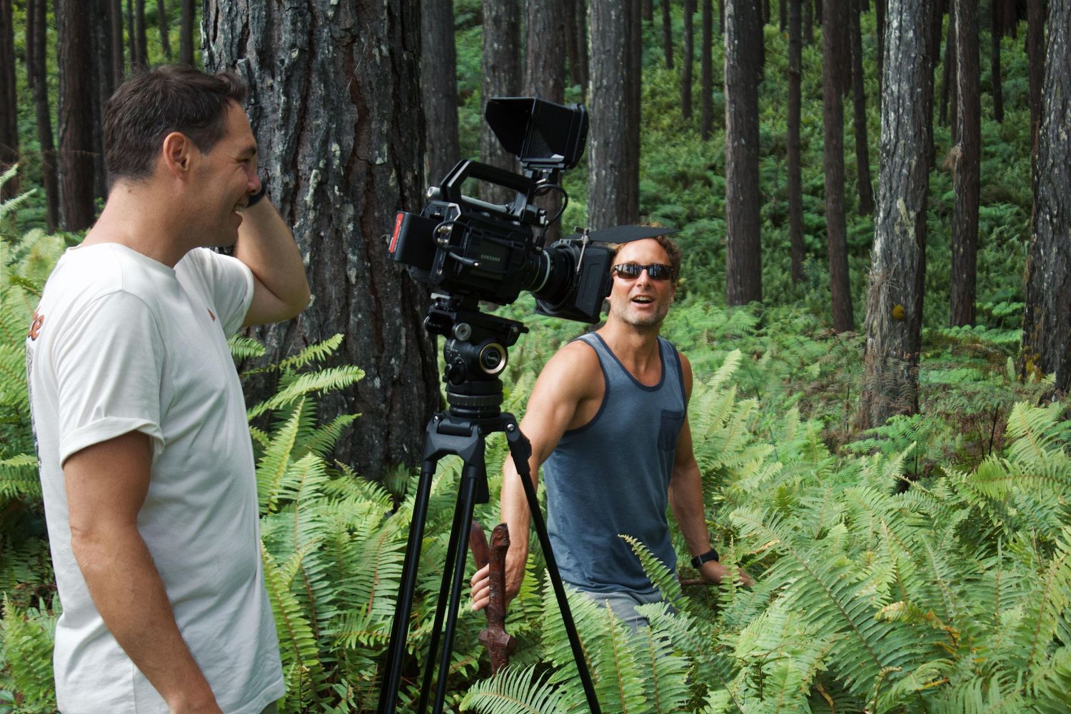 Two men filming in a lush forest with a professional camera on tripod among green ferns and tall pine trees.