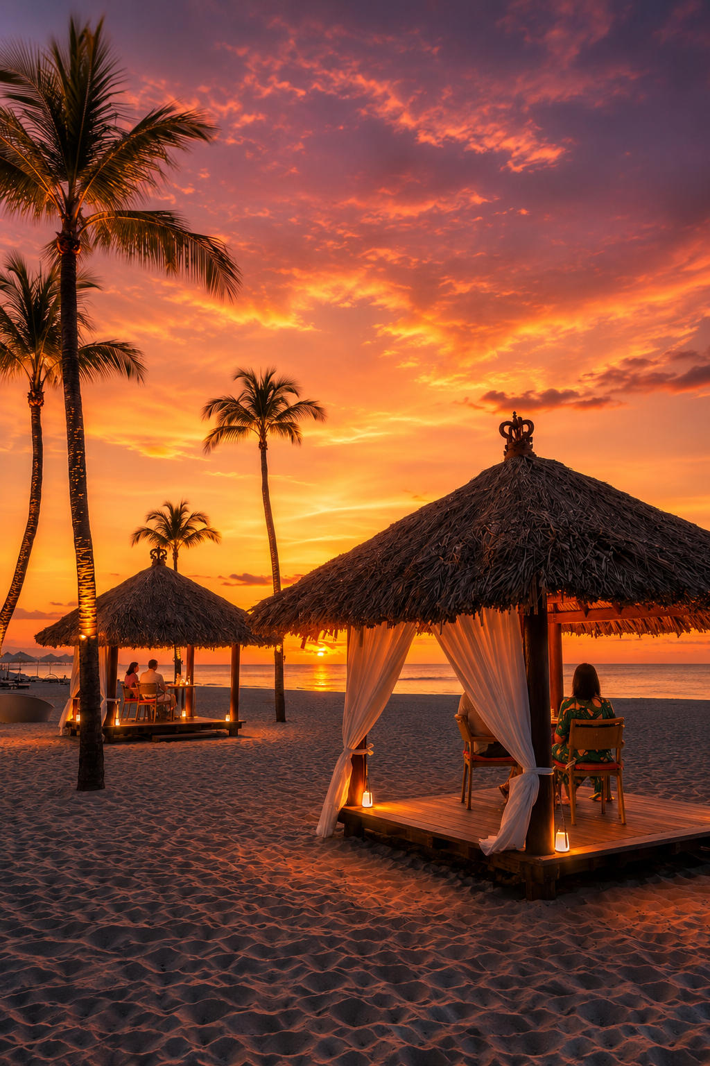 Palm trees and thatched beach cabanas illuminate the shoreline at sunset with dramatic purple and blue clouds over turquoise waters.