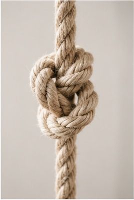 Close-up of a decorative nautical rope knot tied on a thick natural fiber rope against a neutral background.