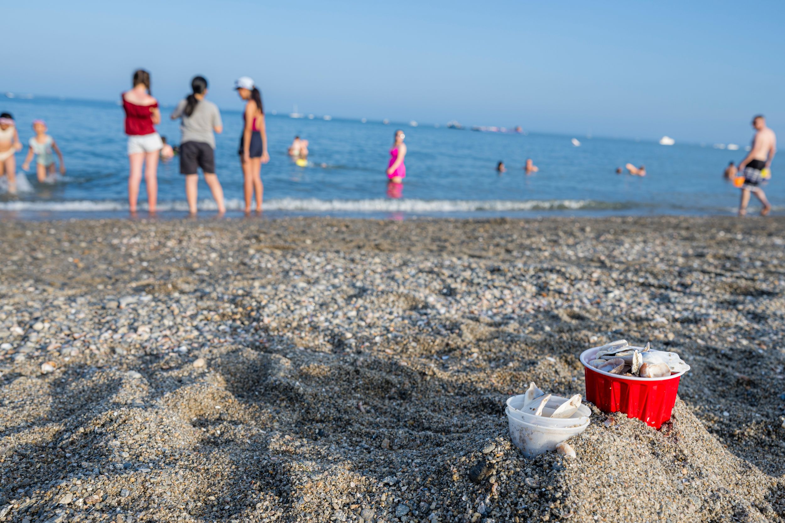 Litter on a sandy beach with people enjoying the ocean shoreline on a sunny summer day.