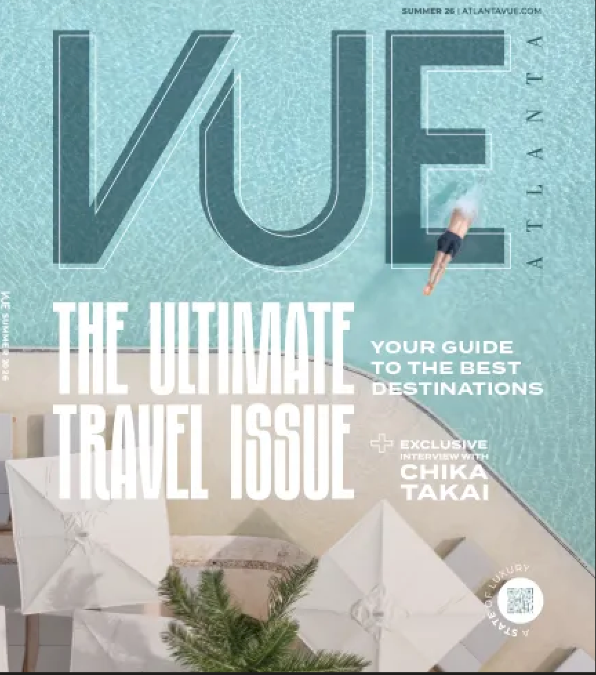 VUE Atlanta magazine summer travel issue cover featuring a swimmer in a pool and white cabanas.
