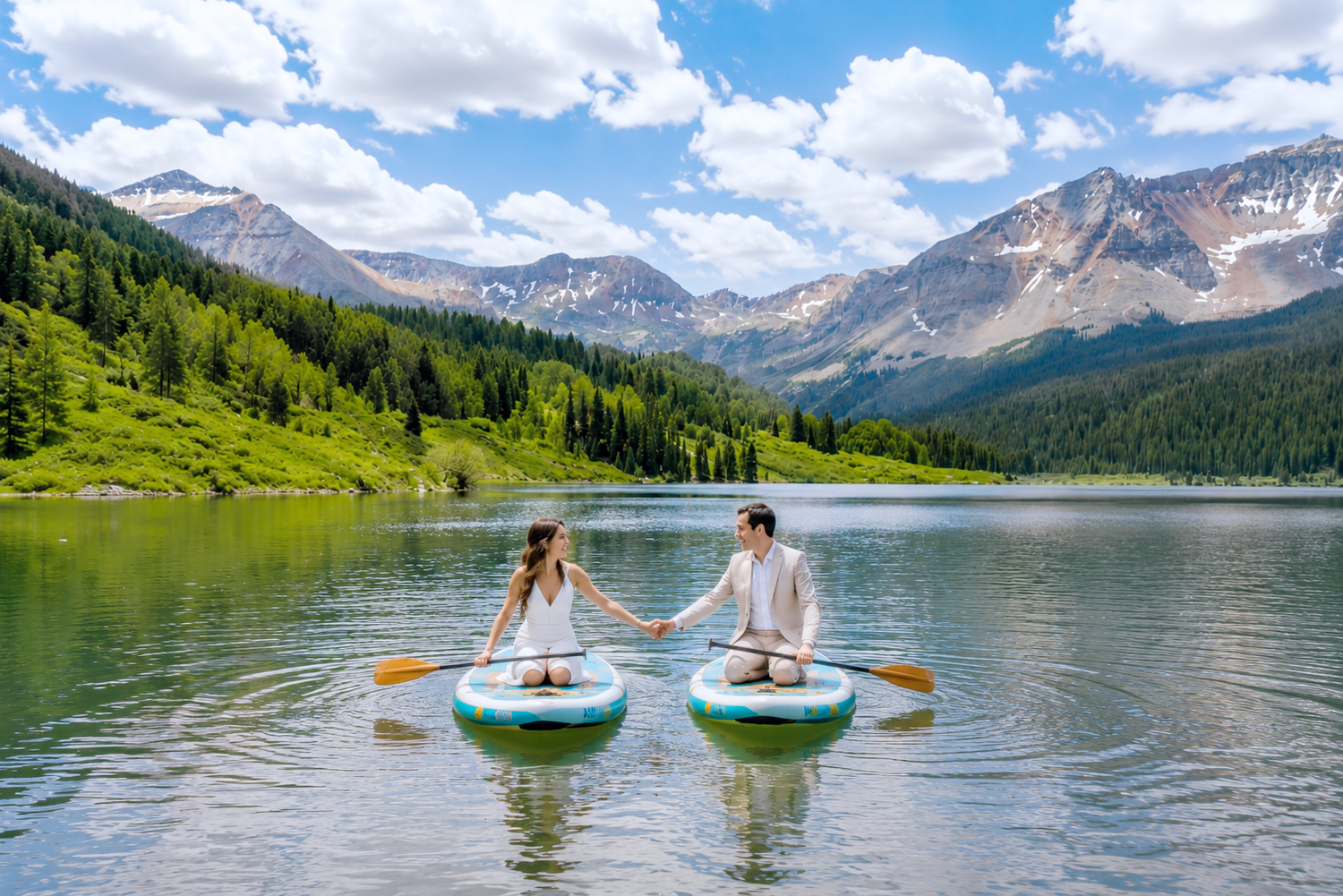 Couple holding hands on paddleboards on a serene mountain lake surrounded by lush forests and scenic peaks.