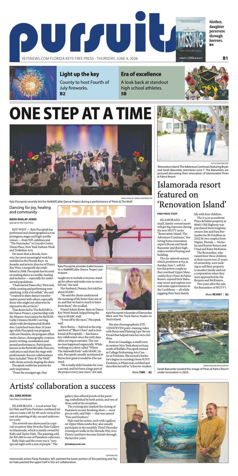 A newspaper Pursuits section featuring dance, arts, and community stories with colorful photos of performers and local events.