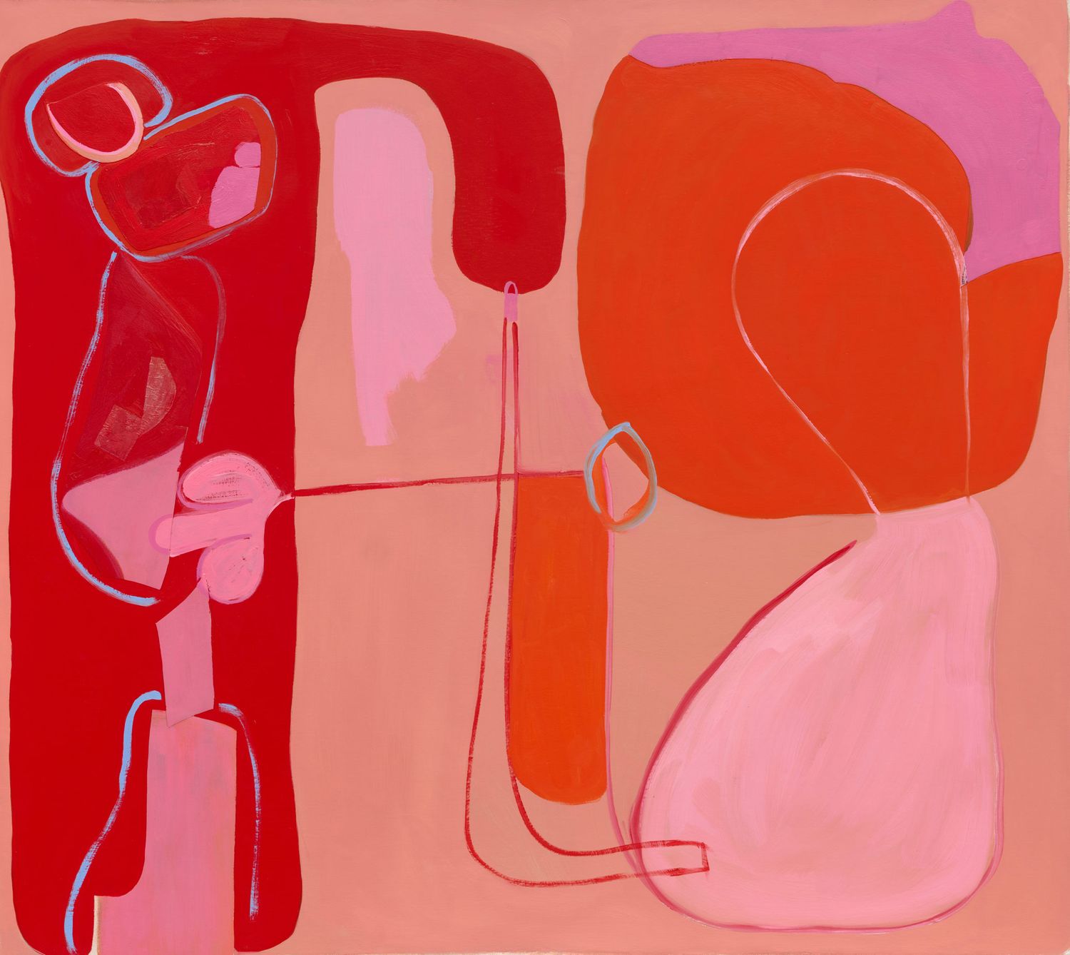 Large-scale contemporary abstract painting in orange and pink.