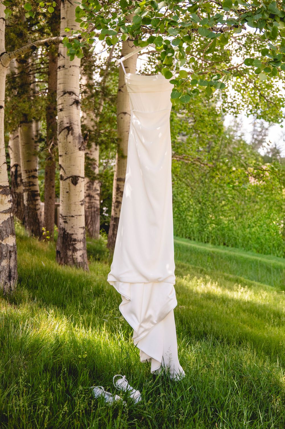 White wedding dress hanging from birch tree in lush green meadow with white sneakers below.
