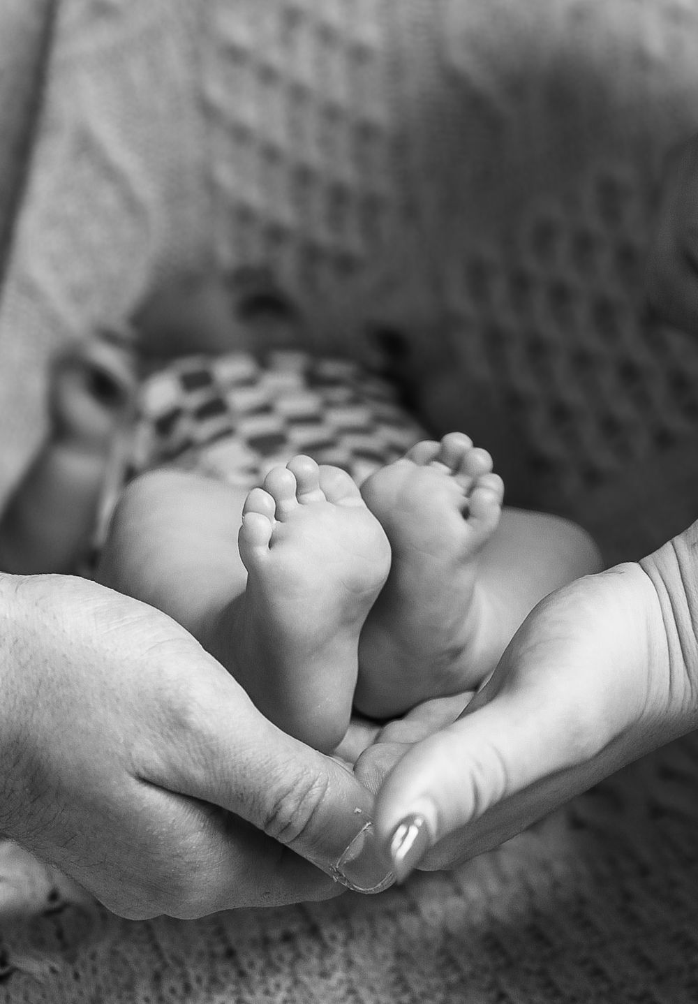 Black and white photo of adult hands cradling tiny newborn baby feet.
