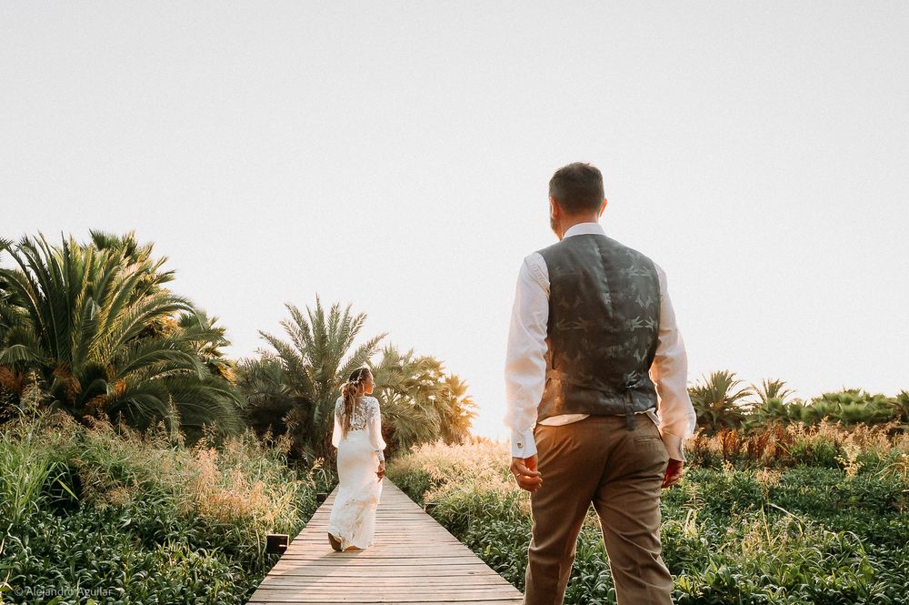 Bride and groom walking on wooden boardwalk path surrounded by palm trees and greenery at golden hour sunset.