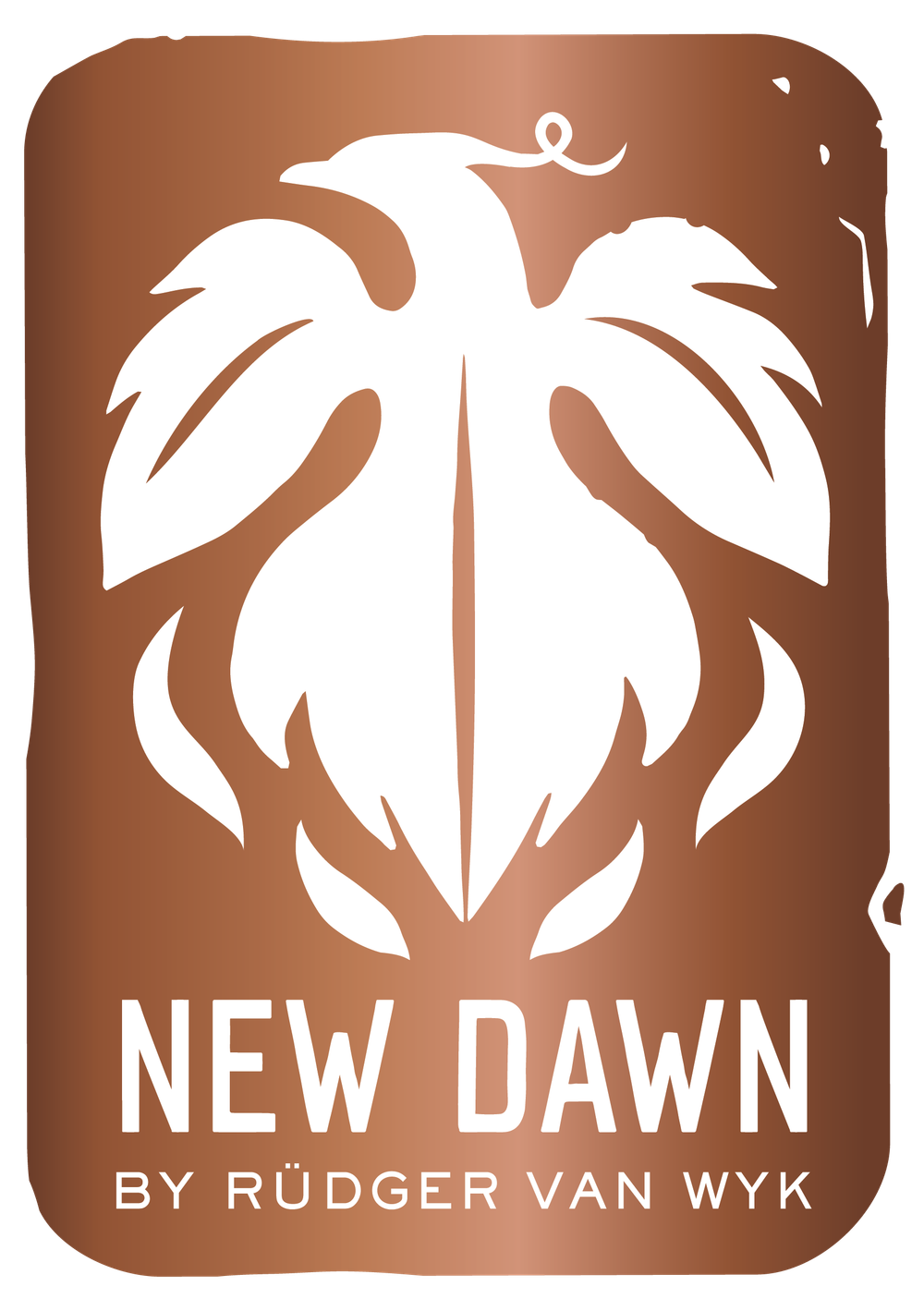 New Dawn by Rüdger Van Wyk logo featuring a white phoenix emblem on a copper-toned badge background.