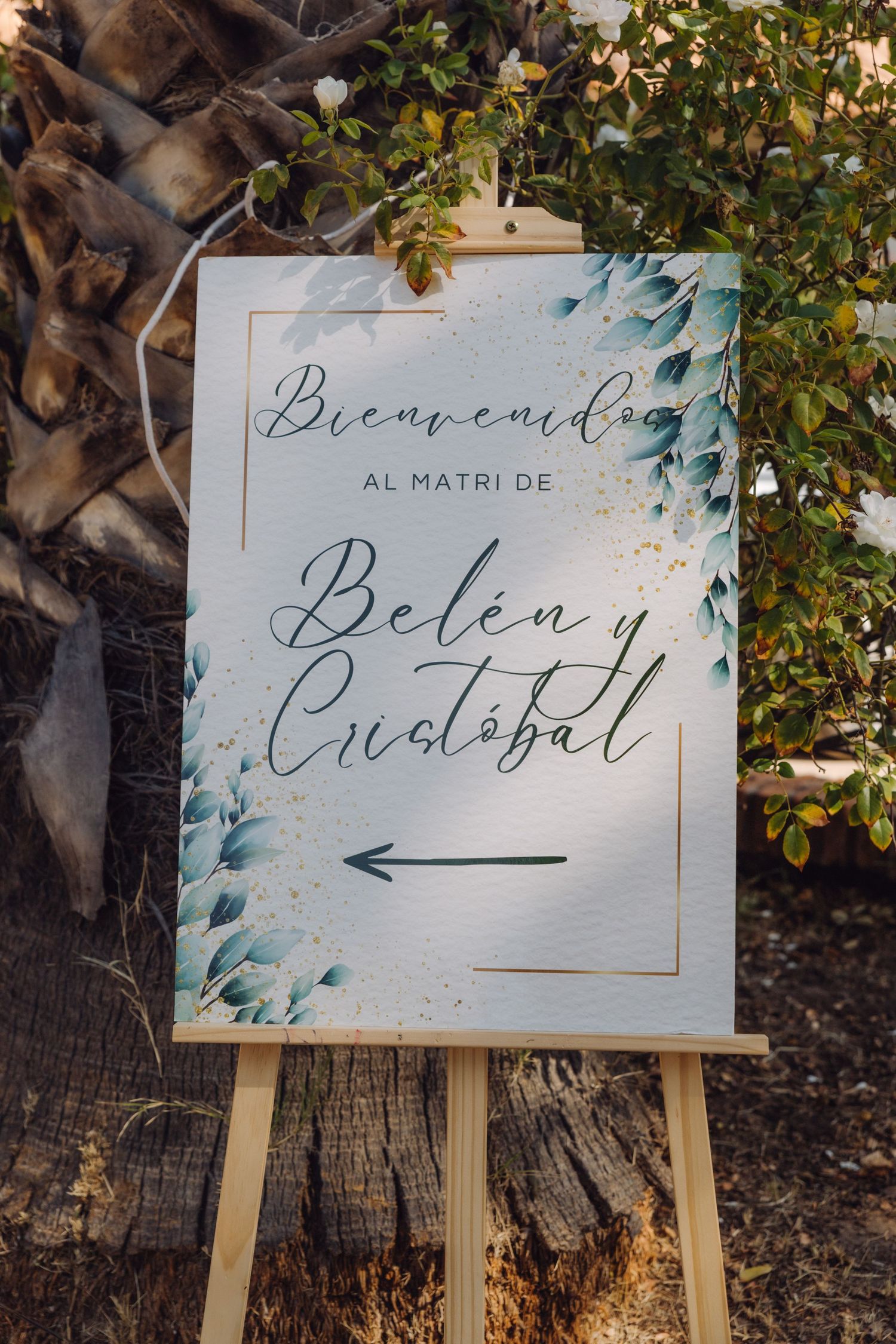 Elegant wedding welcome sign on wooden easel reading Bienvenidos al Matri de Belen y Cristobal with eucalyptus decor.