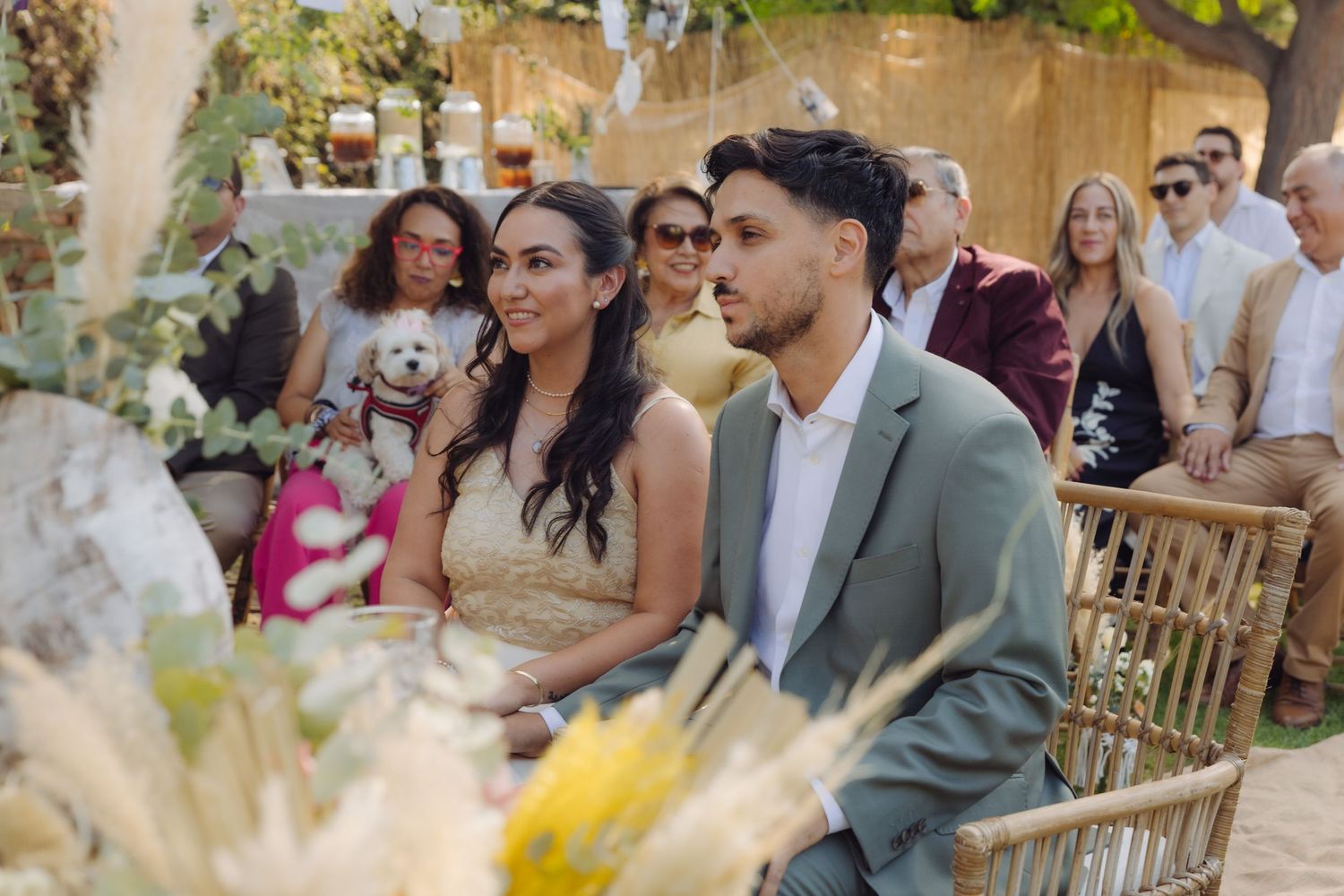 Bride and groom seated at outdoor wedding ceremony with guests and a small white dog behind them.