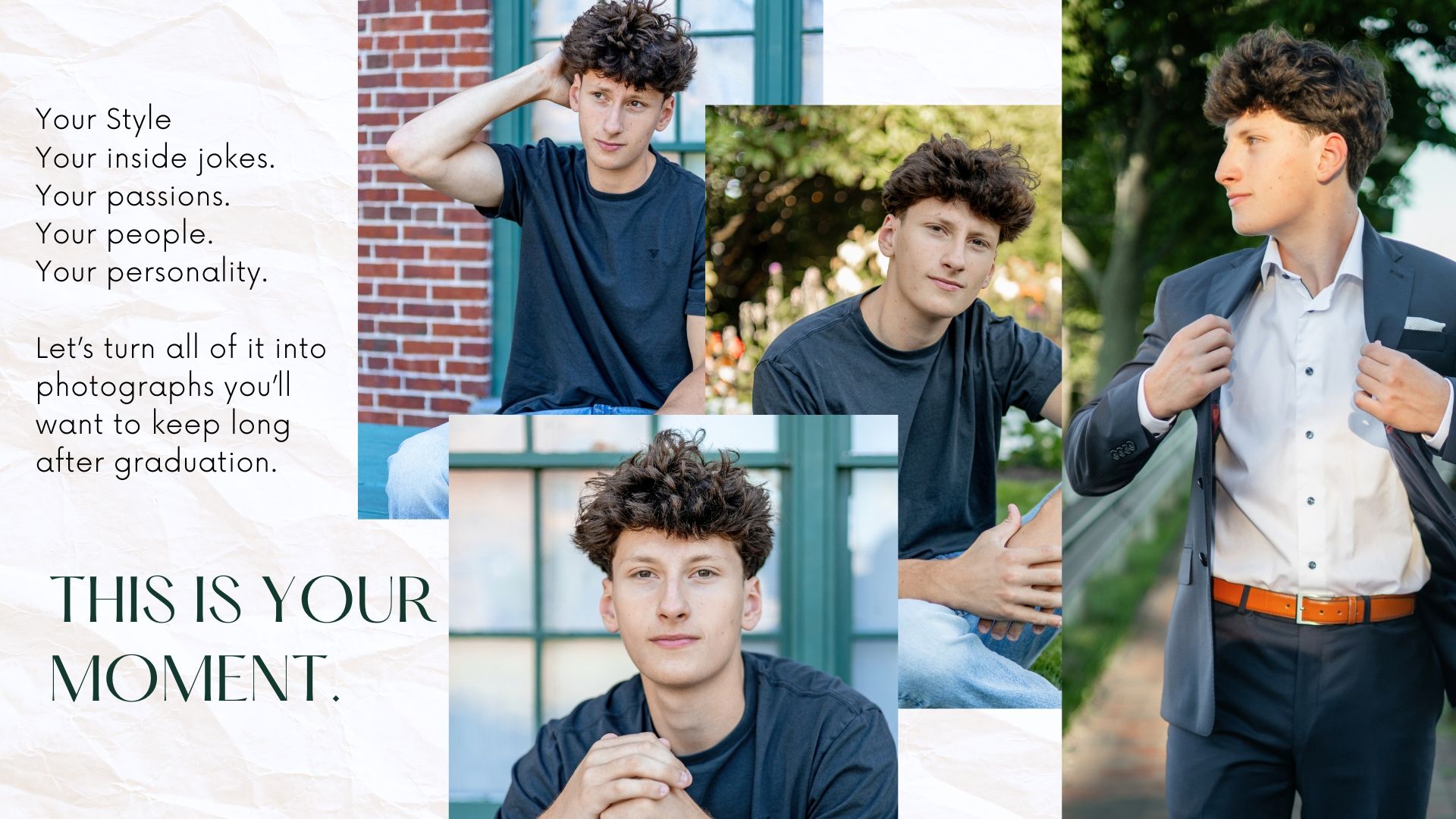 Collage of senior portrait photos featuring a young man in casual and formal outfits with text about capturing personality.