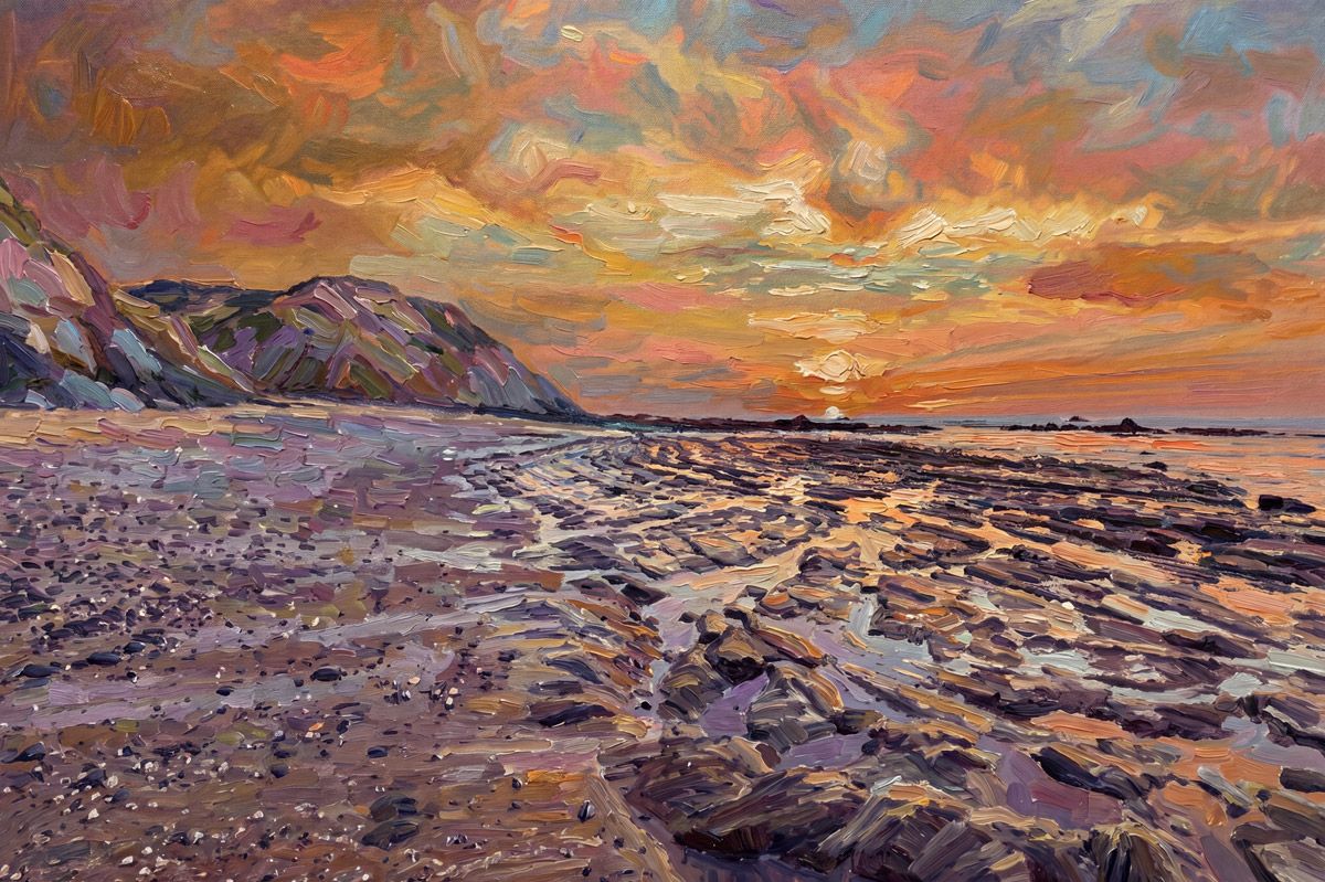 Impressionist oil painting of a rocky beach at sunset with vibrant orange and purple skies reflecting on wet stones.