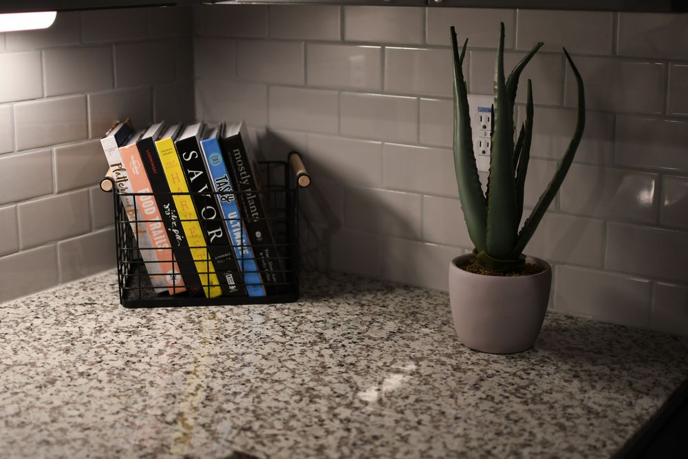 Books in a metal holder beside an aloe vera plant on a granite kitchen countertop with gray subway tile backsplash.