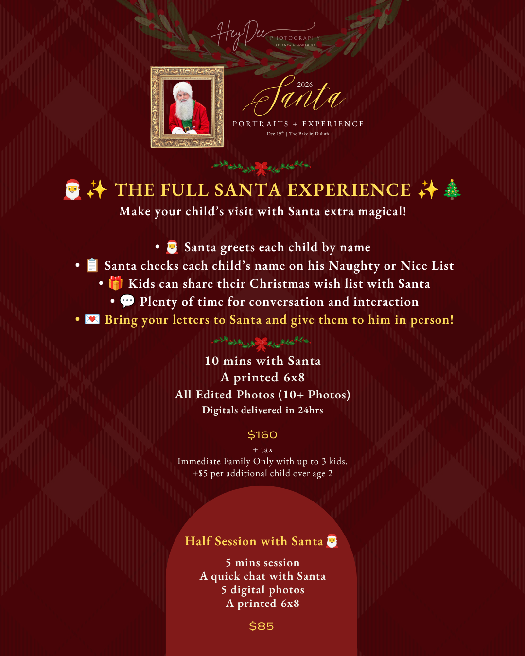Festive Santa portrait experience flyer offering full and half sessions with photo packages starting at $85 on a red plaid background.