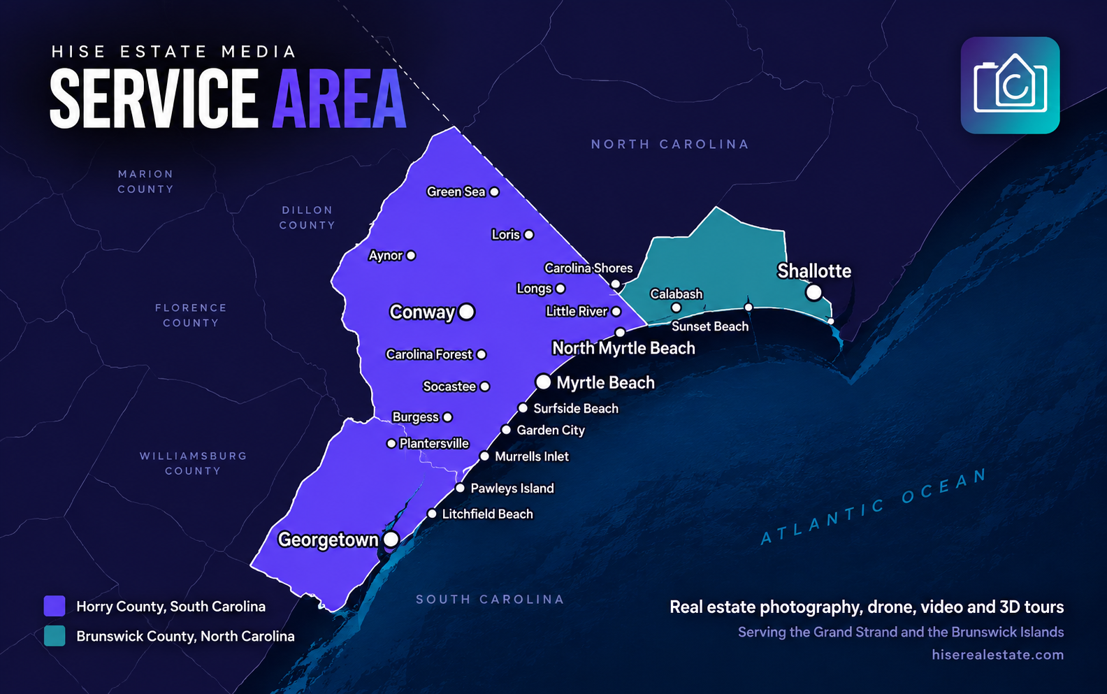 Service area map showing Hyde Estate Media real estate photography coverage in Horry and Brunswick Counties.